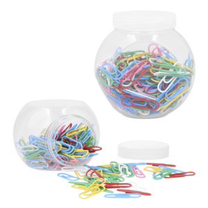O-076, Porta clips cilíndrico de plástico con 200 clips de colores, 4 superficies planas para sostenerse, con tapa enroscable de plástico.