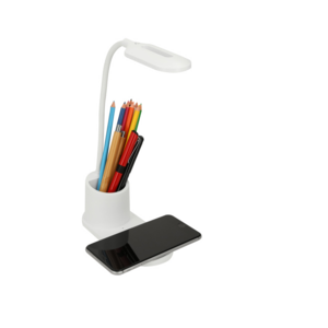 SO-112, Lámpara para escritorio con organizador y cargador Wireless para smartphones compatibles con tecnología Qi. Incluye cable de carga.