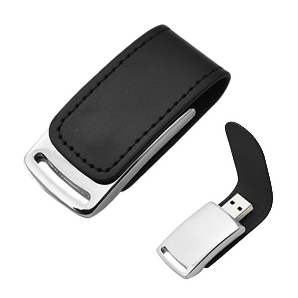 USB017, USB Clip Metálico con Piel. USB metálica acabado cromado, clip de piel con imán.