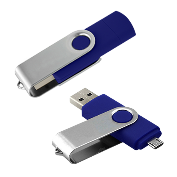 USB026-04GB, USB giratoria metalica con entrada OTG que permite transferir con facilidad contenido entre computadoras y dispositivos Android™ aptos para OTG. Capacidad 4 GB.