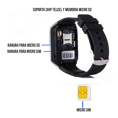 SO-107, Reloj inteligente negro con pantalla táctil, cámara 3 MP, bluetooth, SIM CARD, Ranura para Micro SD, compatible con Android y cargador tipo V8 a USB